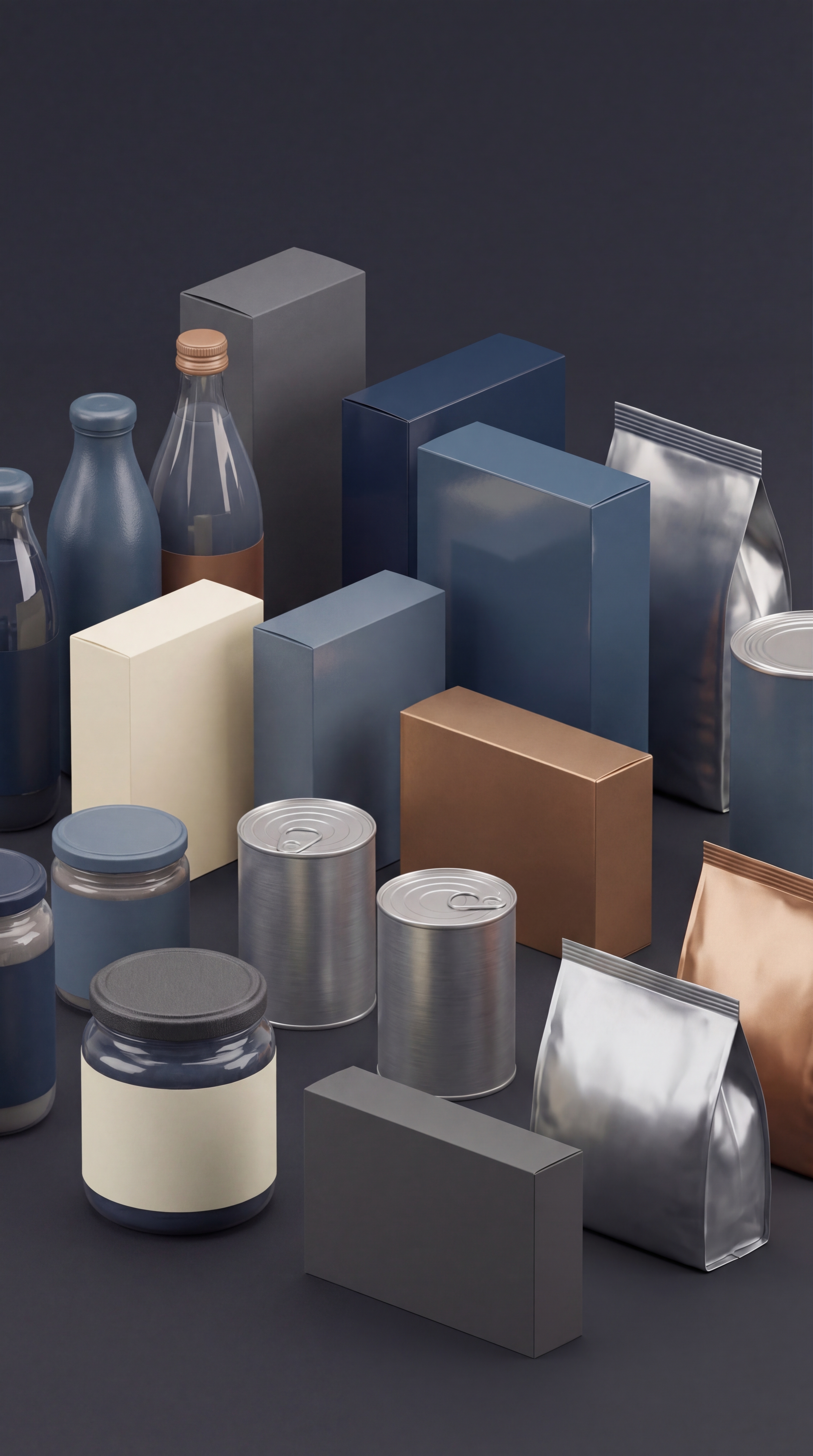 Grouped consumer goods packaging in a restrained studio arrangement.
